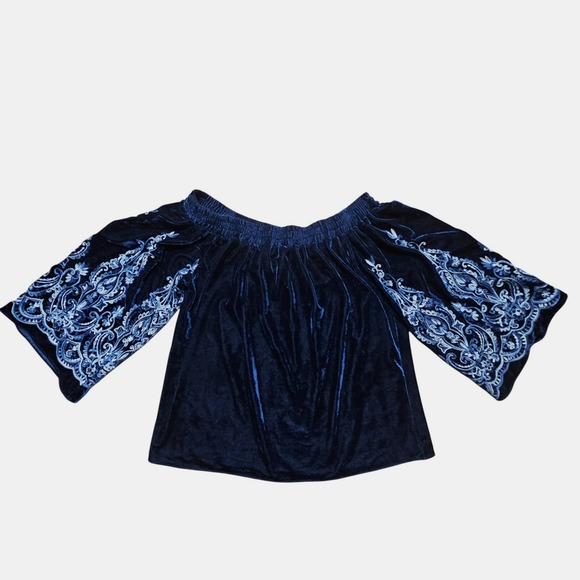 MISA Los Angeles Velvet Off-Shoulder Top Embroidered Bell Sleeve L Boho Festival - Picture 1 of 7